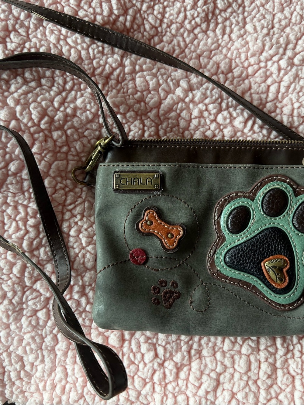 Chala Green Paw Accent Crossbody with Brown Strap and Teal Detail